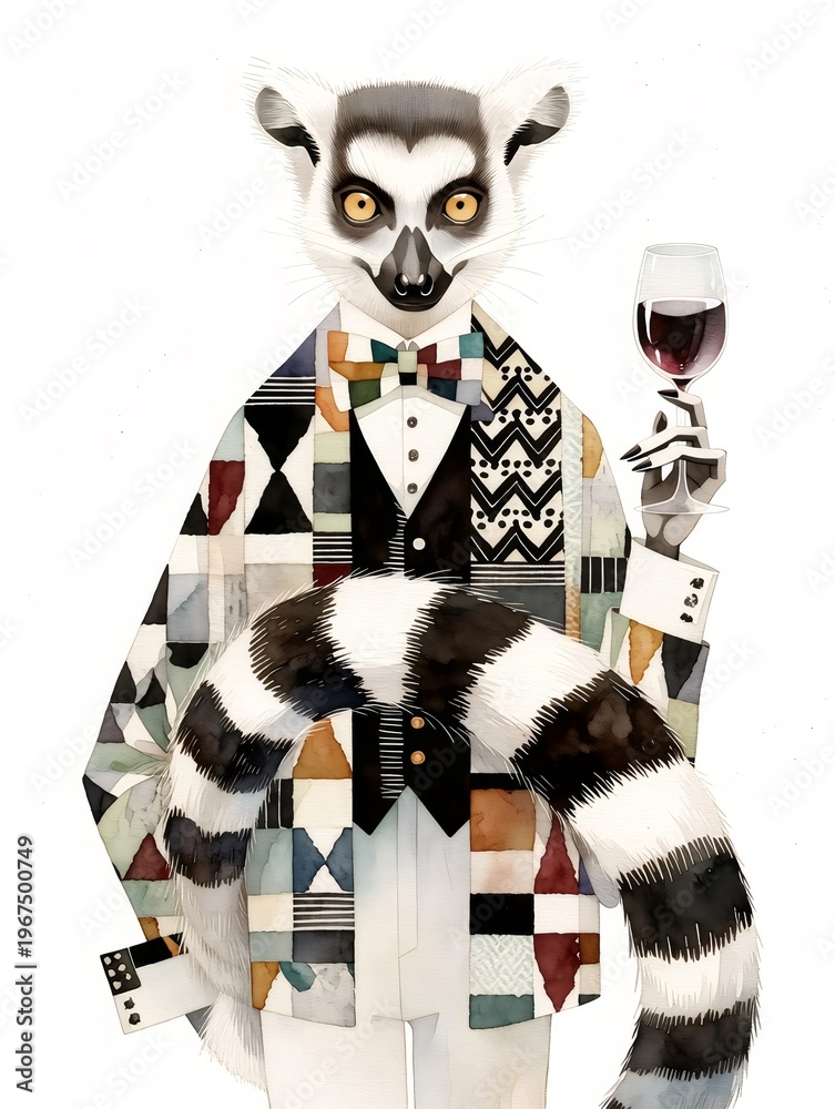 Naklejka premium Lemur dressed in a tuxedo holding a glass of red wine. Anthropomorphic lemur character wearing a colorful geometric patterned suit. Artistic illustration style for whimsical design.