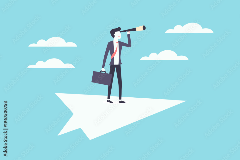 Obraz premium Businessman scans the horizon while flying on a paper airplane