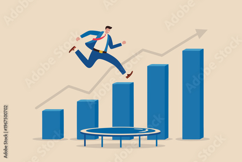 Business professional leaping towards success on a trampoline and graph