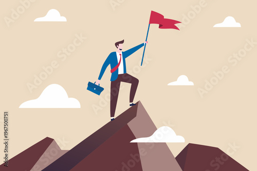 A businessman triumphantly plants a red flag atop a mountain peak