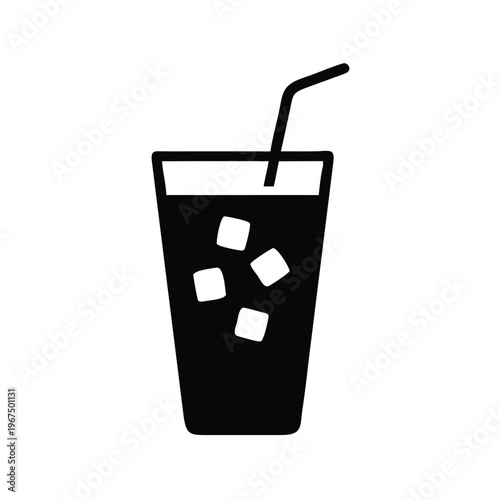 A tall glass of dark liquid with ice cubes and a straw is depicted in a simple illustration.