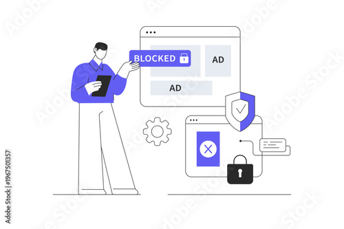 Ad blocking browser extension, online advertisement filtering software or application. Spam protection. Flat Cartoon Vector Illustration, icon Stylish abstract design landing page web