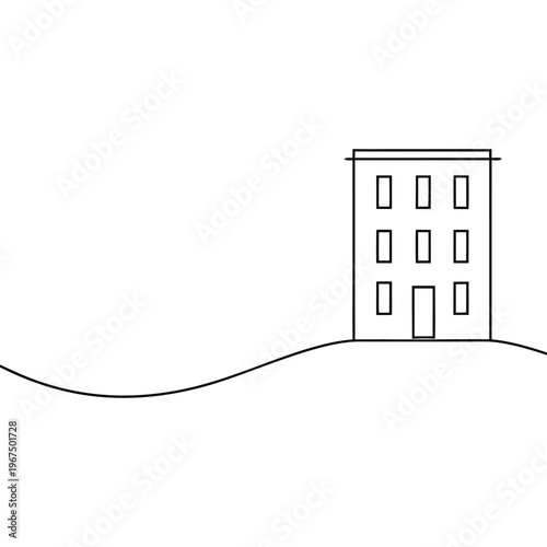 A simple line drawing of a multi-story building situated on a rolling hill.