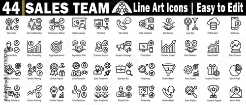 Sales team line art icons. Easy to edit for performance metrics, market analysis, pitch deck crm integration, and deal closers. vector illustration.
