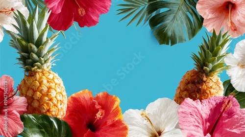 Colorful Tropical Fruits and Flowers on a Bright Blue Background Create a Lively Scene