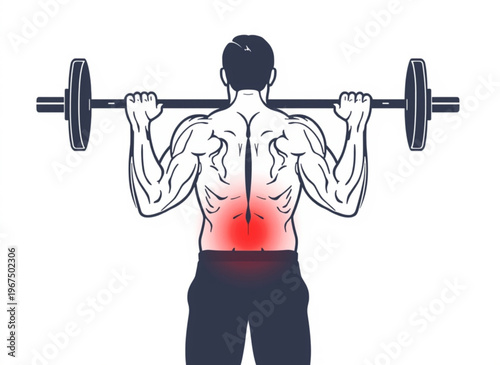 A muscular man experiencing back pain while lifting a barbell in a gym