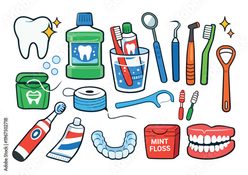 Set of dental hygiene supplies and tools showcasing a comprehensive regimen for keeping teeth healthy and strong