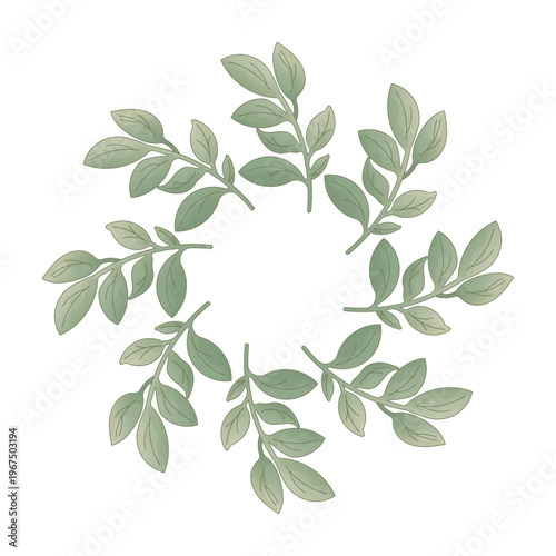 Minimalist Green Leaf Wreath Circle Frame Isolated on White