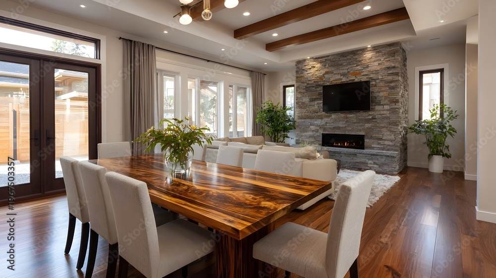 Obraz premium Spacious modern open concept living and dining area with a large wooden table stone fireplace and natural light