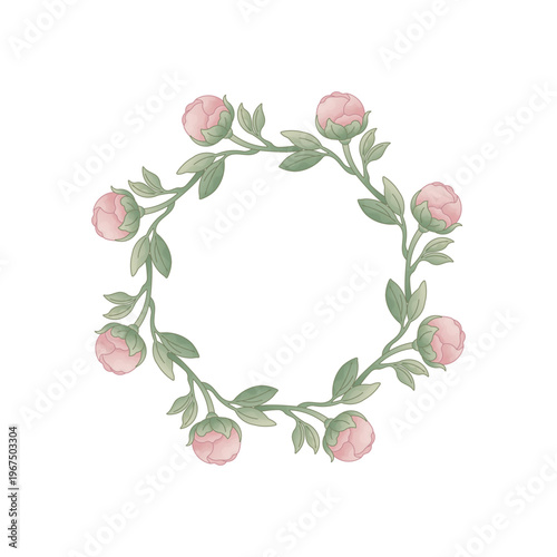 Pink Peony Bud and Green Leaf Wreath Round Botanical Frame