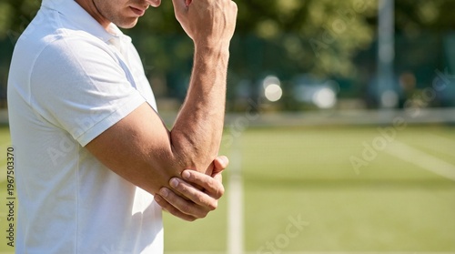 Man holding his painful elbow on a tennis court. Concept of tennis elbow injury, lateral epicondylitis, sports medicine, joint pain, muscle strain, and physical therapy for athletes.