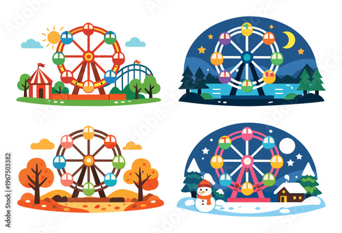 Ferris wheels standing in various seasonal landscapes, illustrating amusement park leisure and outdoor entertainment throughout the year