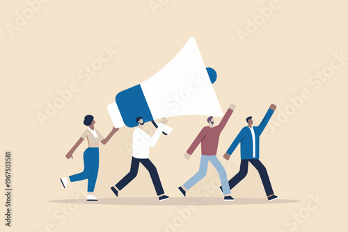 Diverse group of people marching forward with a large megaphone