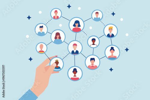 A hand connecting to a network of diverse people in circular portraits