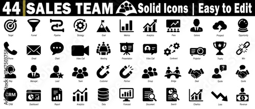 Sales team solid icons set. Easy to edit for sales manager, representative, account executive, trainer, and engineer roles vector illustration.