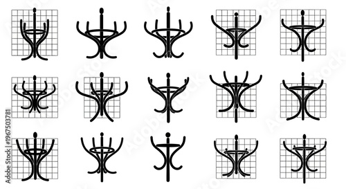 Collection of black coat rack designs on grid backgrounds for organization and interior decor inspiration