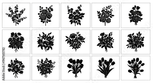 Collection of black floral silhouettes on white background various flower arrangements and designs