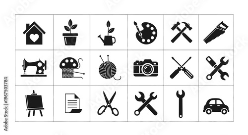 Collection of various black and white icons for tools hobbies and everyday objects on a clean white background