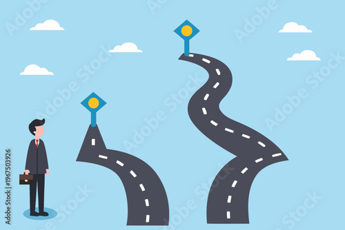 A businessman contemplates a diverging road with multiple path options ahead