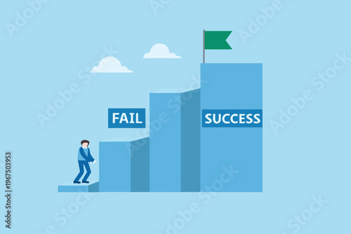 Man climbing steps towards success passing a labeled failure block