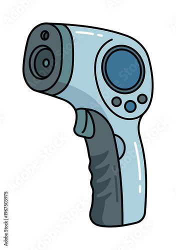 A cartoon illustration of a digital infrared thermometer gun. This medical device icon symbolizes health, safety, and fever checking for pandemic and healthcare concepts.