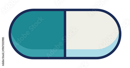 A simple vector illustration of a two-tone medical pill. Teal and white capsule for healthcare, pharmacy, or medicine concepts. Clean, modern graphic for web or print.