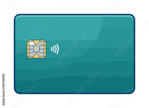 A clean vector illustration of a modern, blank teal credit card with an EMV chip and contactless payment symbol. Ideal for finance, banking, and e-commerce concepts.