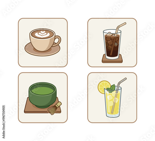 Vector icon set of popular drinks: latte, iced coffee, matcha, and lemonade. Clean, modern illustrations ideal for cafe menus, beverage branding, and digital graphics.