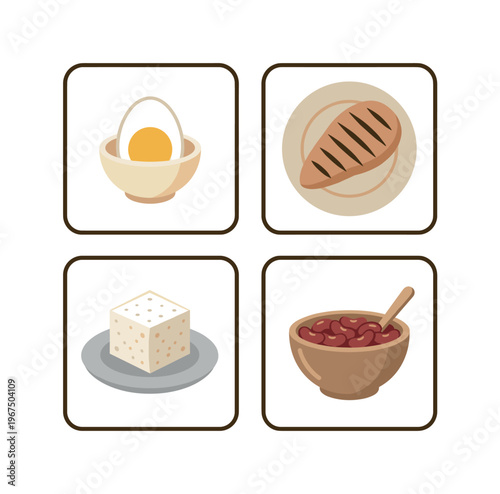 Set of four protein food icons. Boiled egg, grilled chicken, feta cheese or tofu, and red beans. Flat vector illustration for diet, nutrition, and healthy eating concepts.