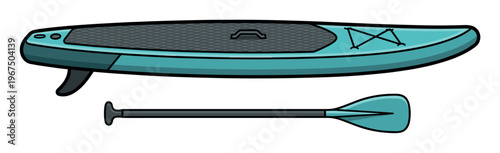 A vector illustration of a stand up paddle board and oar for water sports. Perfect for summer vacation, outdoor recreation, and active lifestyle themes.