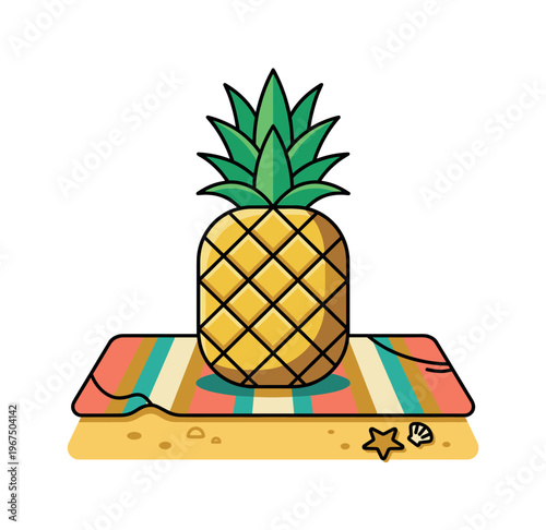 A fun vector illustration of a pineapple on a striped beach towel. This cartoon icon is perfect for summer vacation themes, travel graphics, and tropical designs.