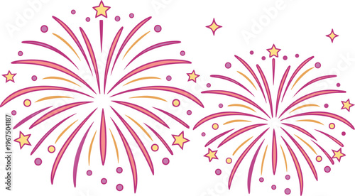 Pink and yellow fireworks with stars on white background purple