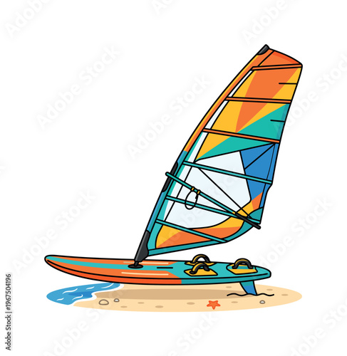 Colorful windsurfing board with sail on a sandy beach. Vector illustration for summer vacation, watersports, and travel themes. Fun, bright, and active design.