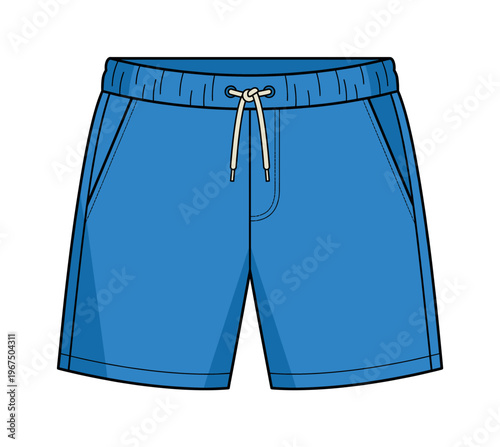 Vector illustration of blue casual sport shorts with a drawstring waist. Flat technical drawing for fashion design, apparel mockups, or summer clothing concepts. Clean style.