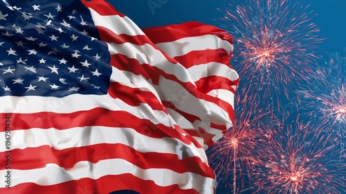 Celebration of Independence Day With Fireworks and the United States Flag Waving