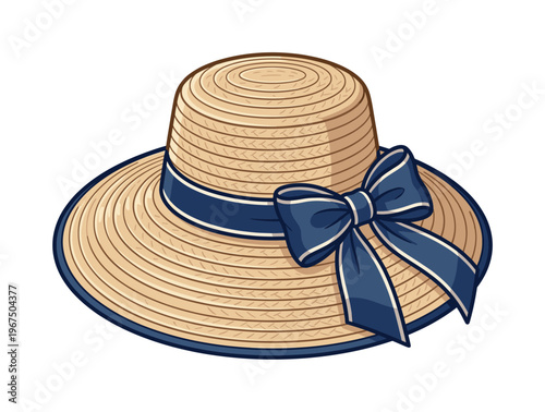 A classic women's straw sun hat with a wide brim and a large blue ribbon bow. Vector illustration for summer, vacation, or fashion themes. Elegant and timeless design.