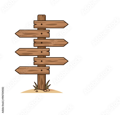 Cartoon wooden signpost with blank arrows for direction, choice, and navigation. Vector illustration for travel, guidance, or business strategy concepts, plenty of copy space.