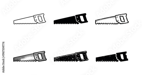 Simple hand saw icon representing cutting tools and construction equipment  containing EXACTLY six versions of