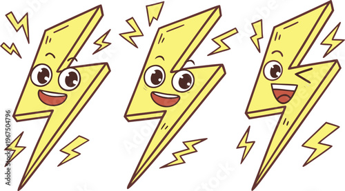 Yellow cartoon lightning bolts with expressive faces smiling