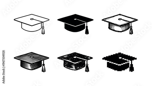 University graduation hat with flat square board and tassel used in formal ceremonies | Create ONE image containing EXACTLY six
