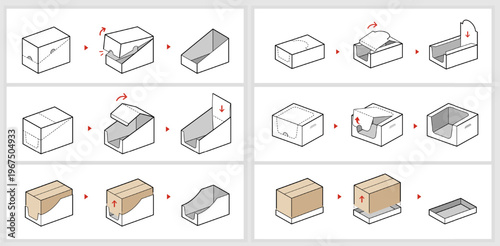 Shelf-ready packaging opening instructions. Easily explains effectiveness to both retail staff and consumers. The outline icons are well scalable and editable. EPS10.