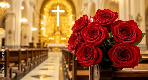 Red Roses Bouquet on Church Pew with Golden Altar Cross in Blurred Background 