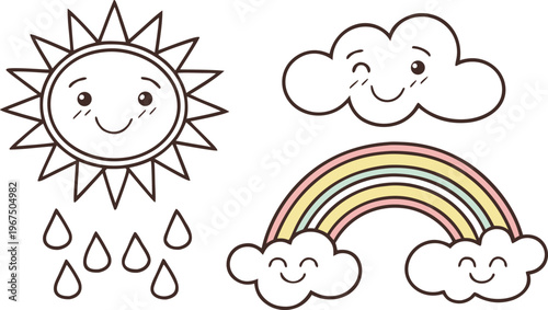 Smiling sun cloud rainbow weather doodles with raindrops