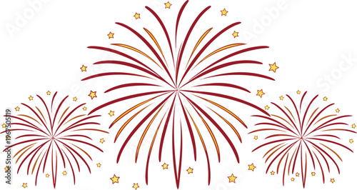 Red and orange fireworks exploding on white background with golden sparks