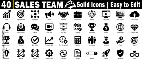 Sales team solid icons set. Easy to edit for sales manager, representative, account executive, trainer, and engineer roles vector illustration.