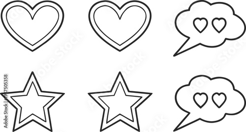 Simple doodle set with hearts stars and speech bubbles
