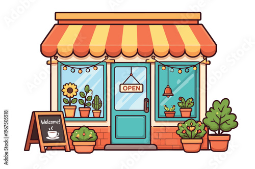 Charming cartoon storefront displaying houseplants in windows, a welcoming open sign, and outdoor decor, representing retail