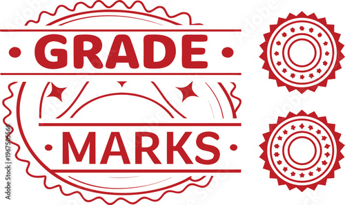 Red stamp style marks with bold letters and circular seal
