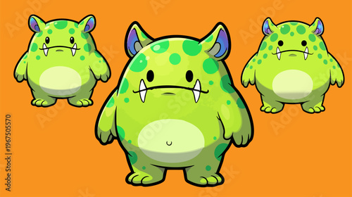 Cute green monster character vector set, adorable spotted alien creatures with fangs, friendly cartoon monster mascots for gaming and kids design