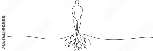 A minimalist line art person with roots symbolizes growth and strong connection to nature.